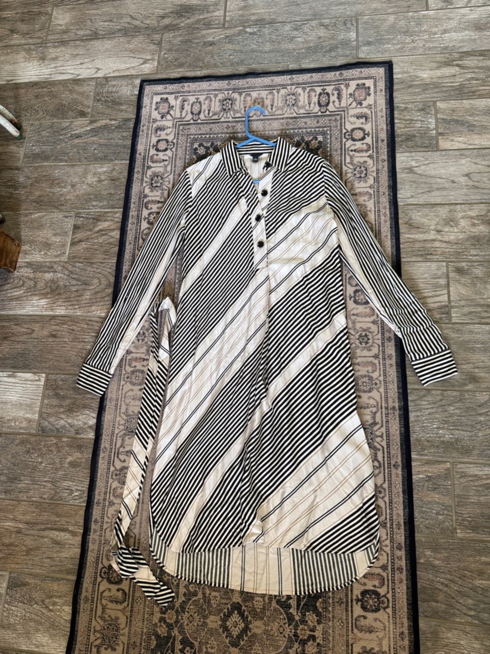 Ann Taylor Black and White Striped Long-Sleeve Shirt Dress